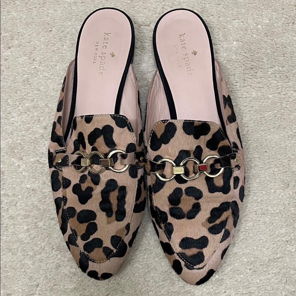 Kate Spade Leopard Print Mules with Gold Chain
